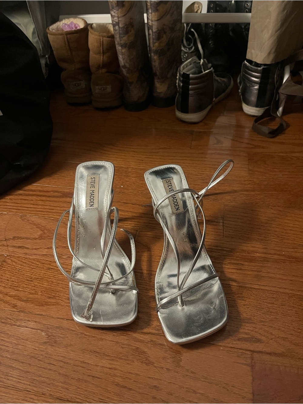 Steve Madden Silver Strappy Square-Toe Heels